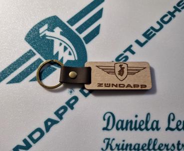 Zündapp Schlüsselanhänger aus Buchenholz mit Leder und Messing Ring und Niete!